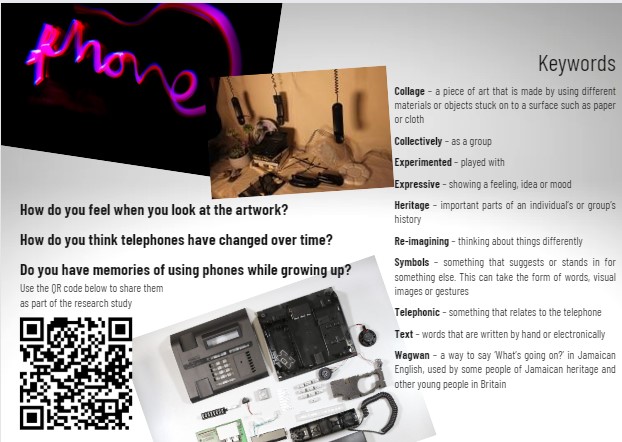 Part of the exhibition guide. Includes some photos from the exhibition, questions, a QR code to contribute to the research project, and a list of keywords.